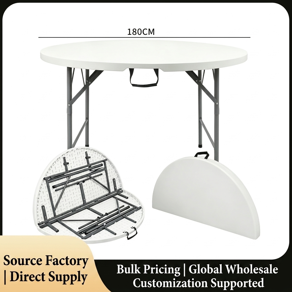 1.8-meter folding round table, 12-14 people, white with gray legs.