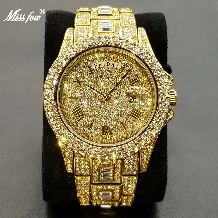 Best Sale Product Luxury Gold Stainless Steel Diamond Hip Hop Iced Out Day Date Watches Fo Men