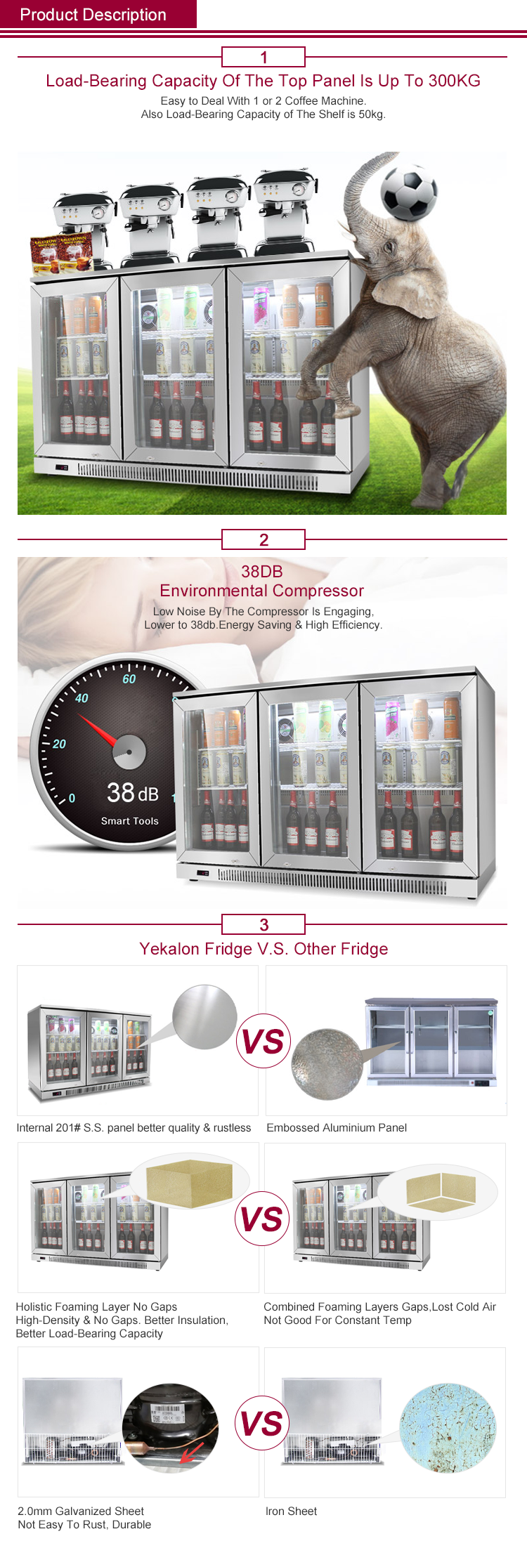 YEKALON Commercial Refrigeration with Glass Door Storage Bar Fridge Equipment