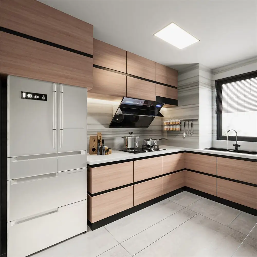 Laminado de alto brillo extraíble muebles para el hogar fregadero de pared gabinetes de cocina EE. UU. Con puertas de vidrio
