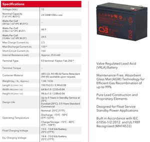CSB GP1272 F2 12V 25W高性能メンテナンスフリーバルブ調整鉛蓄電池 - Product Image 3