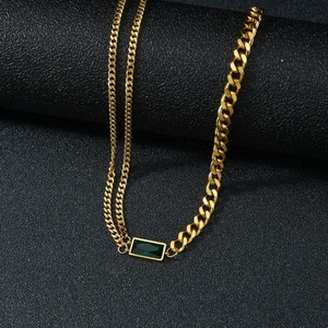 Avrupa ve amerikan kolye kare yeşil zirkon dikiş çift katmanlı kolye Net kırmızı kişilik basit klavikula zinciri - Product Image 3