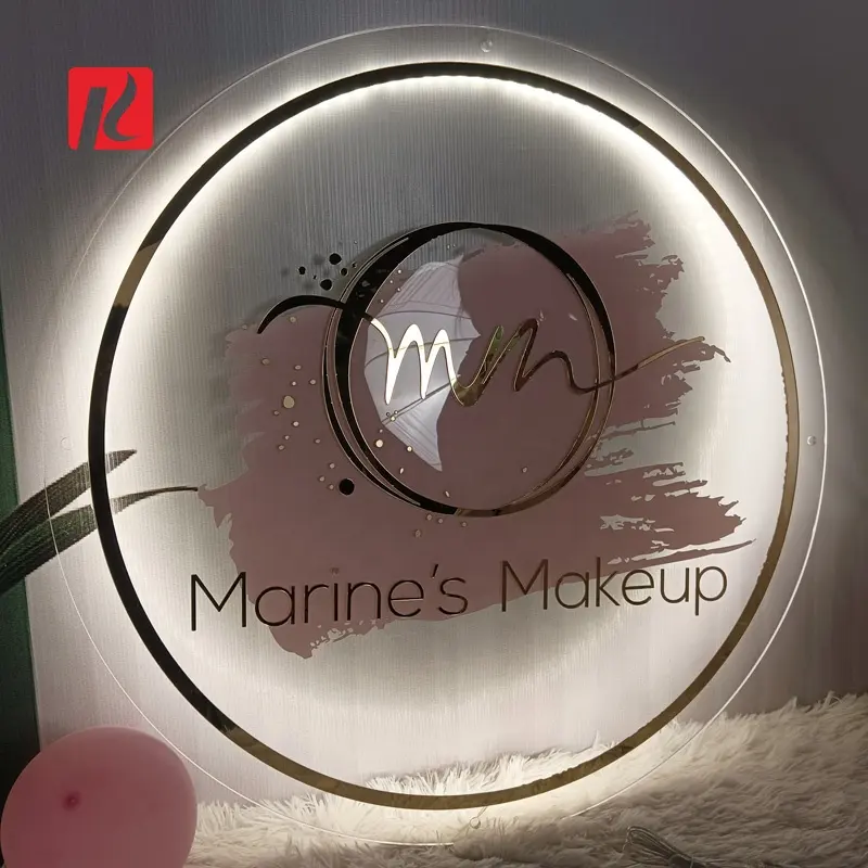 Kexian personalizado Interior acrílico LED retroiluminado logotipo redondo signo espejo oro salón de belleza negocios interior Led signo tablero