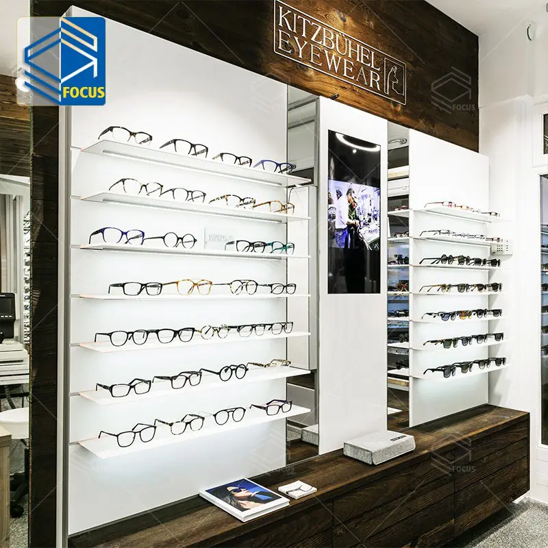 Decoración de tienda de gafas personalizada, mesa de mostrador de muebles, óptica, diseño Interior
