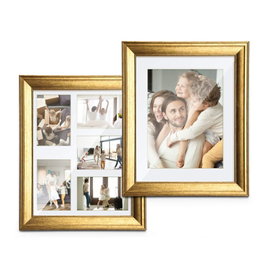 11x14 Collage Picture Wood <strong>Frame</strong> with Real Glass and <strong>White</strong> Mat for 5 <strong>4x6</strong> Picture Gold - Product Image 1