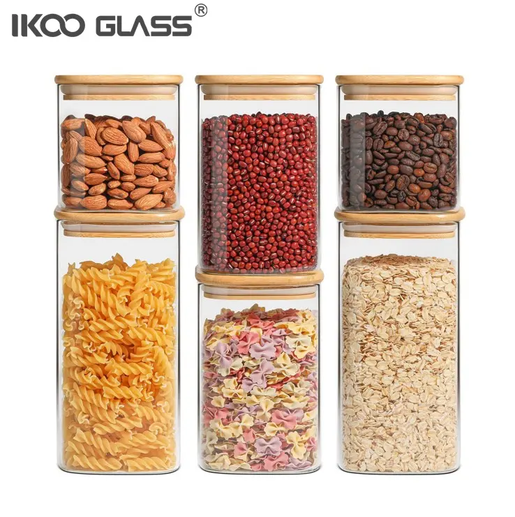 Ikoo potes de vidro quadrados de bambu, recipientes herméticos para armazenamento de alimentos