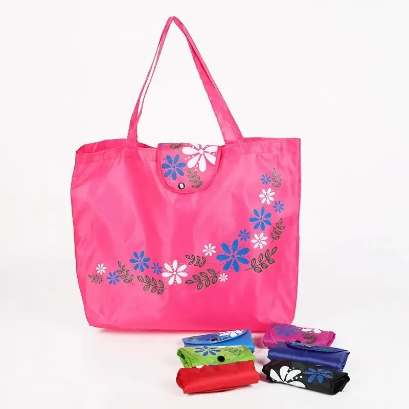 Wholesale flower leaf 210D polyester oxford Eco reusable shopping tote bag supermarket folding bag gift bag