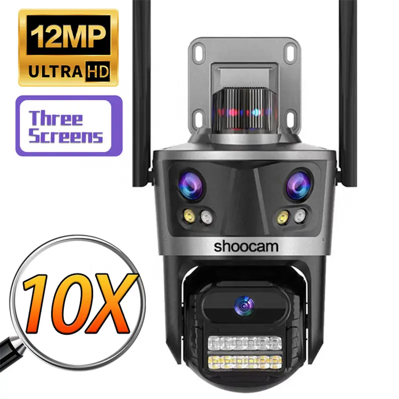 Câmera IP sem fio 6K para uso externo 10x Zoom Cctv Icsee Wifi Gun Ball Machine Camera de ligação 12mp câmera de rede Ptz lente dupla