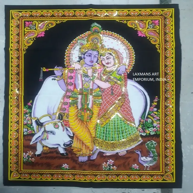 Novo 2024 Popular Art Decor Radha Krishna Impresso Algodão Lantejoula Parede Hangings/Poster Atacado Da Índia