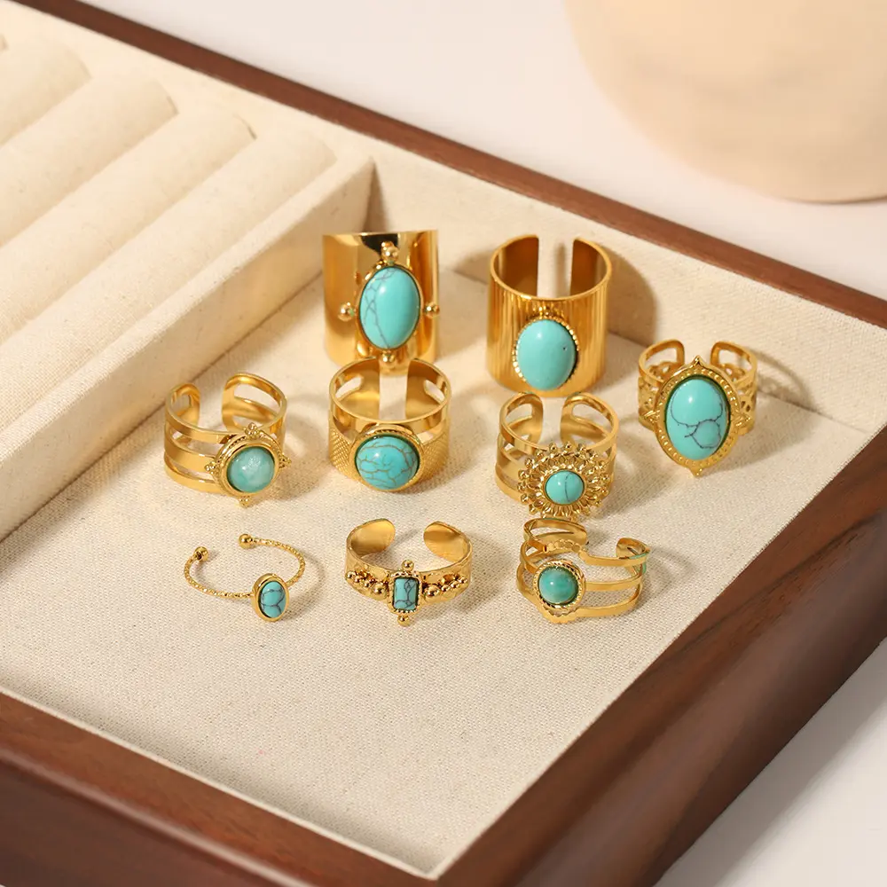 Đá Tự Nhiên Vòng pháp Retro thiết kế màu xanh turquoise vòng thép không gỉ mạ 18K vàng trang sức nhẫn đối với phụ nữ đồ trang sức