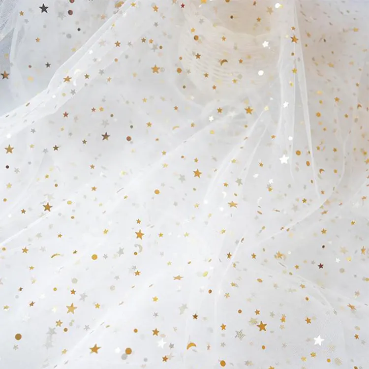 Stella e luna Cristal Glitter Beige prezzo competitivo 5 iarde ricamato tessuto di pizzo Tulle