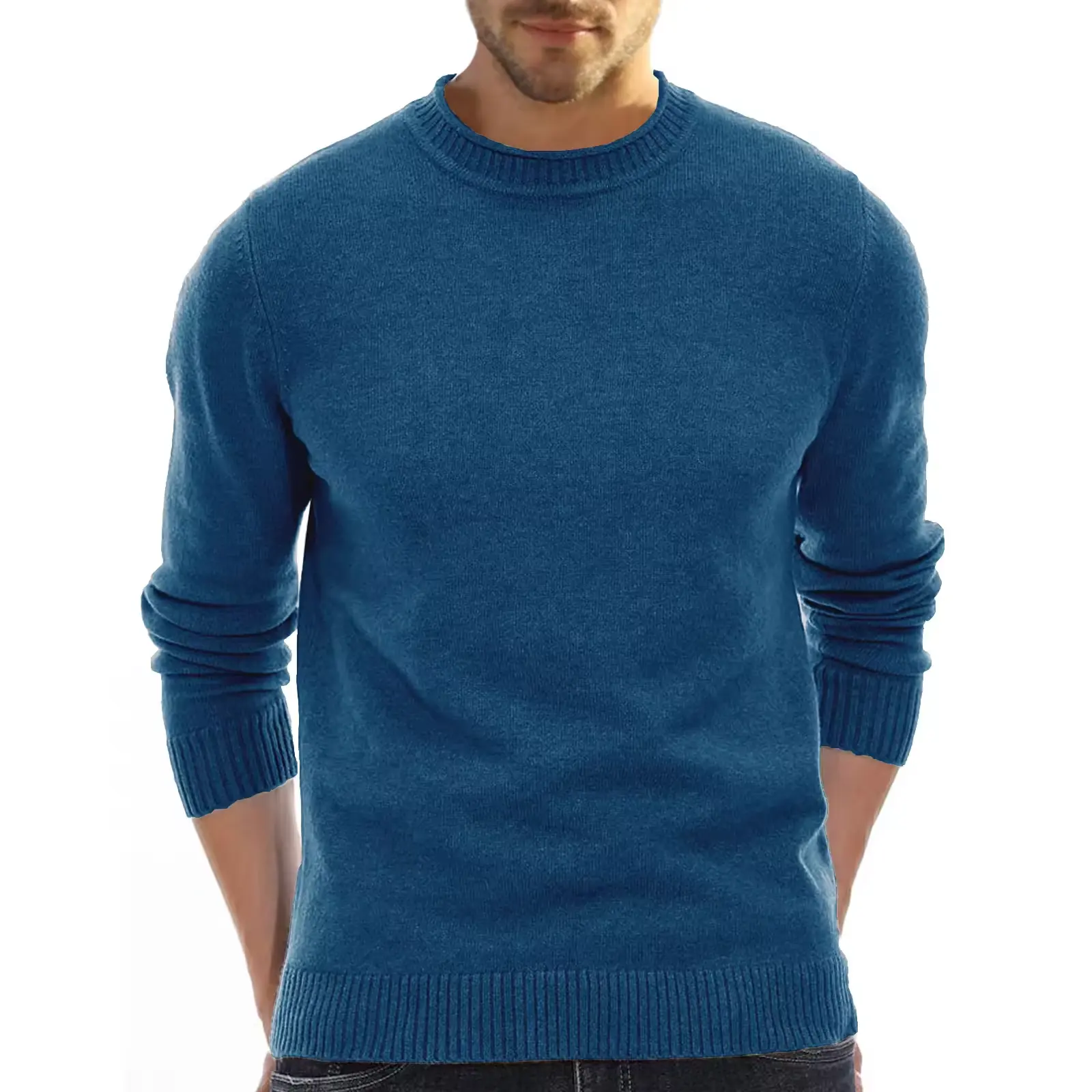 Suéter de punto para hombre Color sólido Cuello redondo Suéter informal