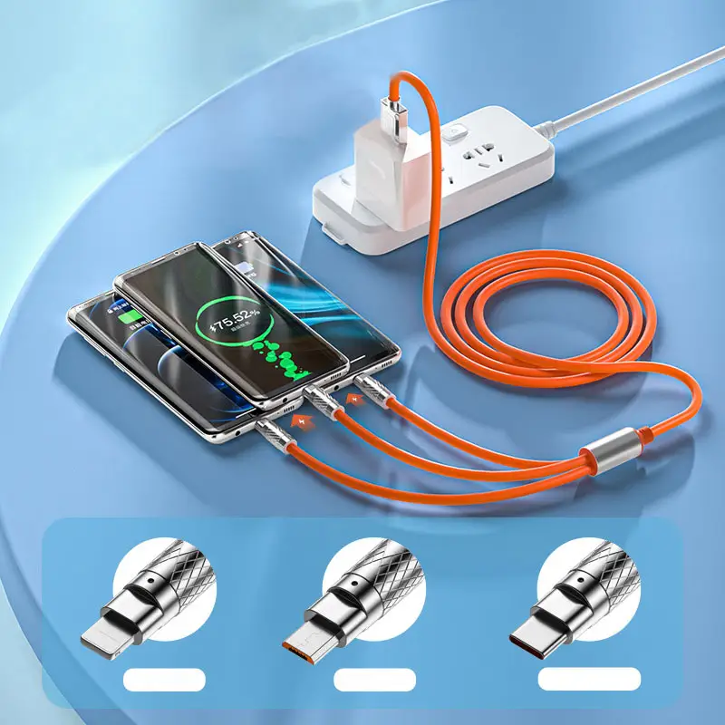 Hot Sale Zinc alloy 3 em 1 Silicone USB Cable Machine Passageiro Um reboque Três Super Fast Charge Cable