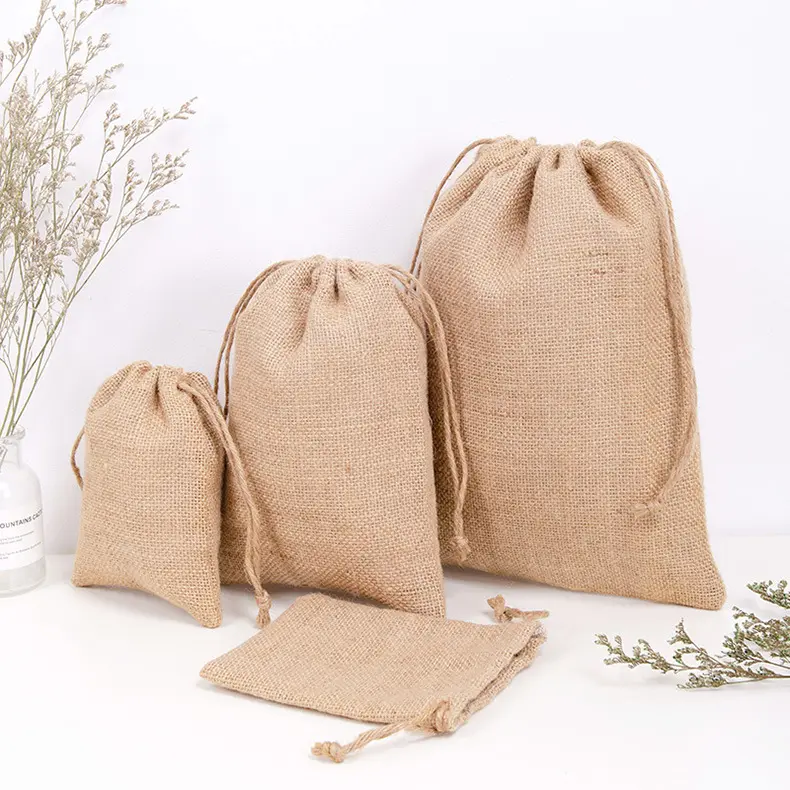 Sacchetto regalo di iuta ecologico personalizzato a buon mercato sacchetti di gioielli piccola borsa con coulisse di iuta riciclata naturale riutilizzabile