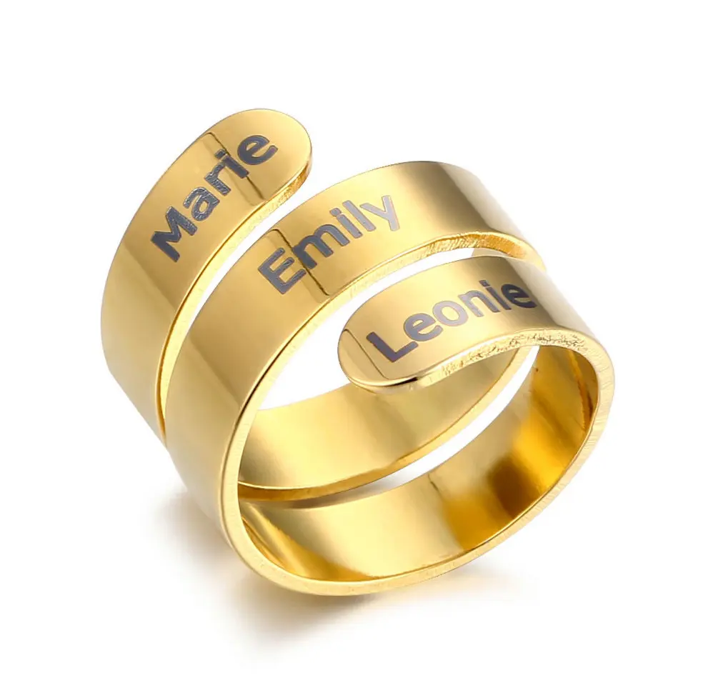 Anillos de nombre abierto para parejas, logo grabado con láser, chapado en oro y plata, envoltura de acero inoxidable, gran oferta europea