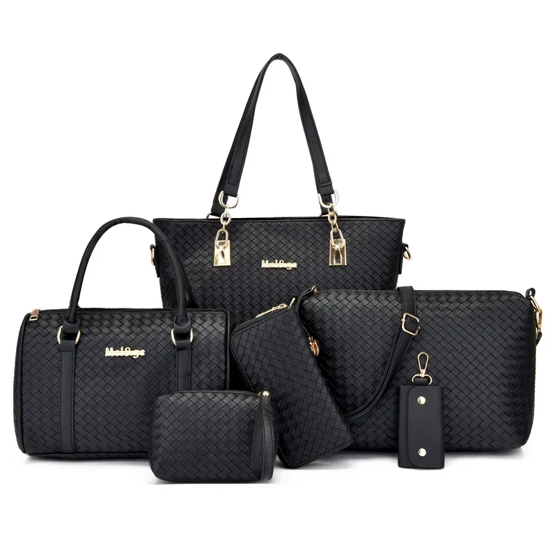 Latest Design PU Leather Woven Women 6pcs Handbag Set Fashion Tote Purse For ladies