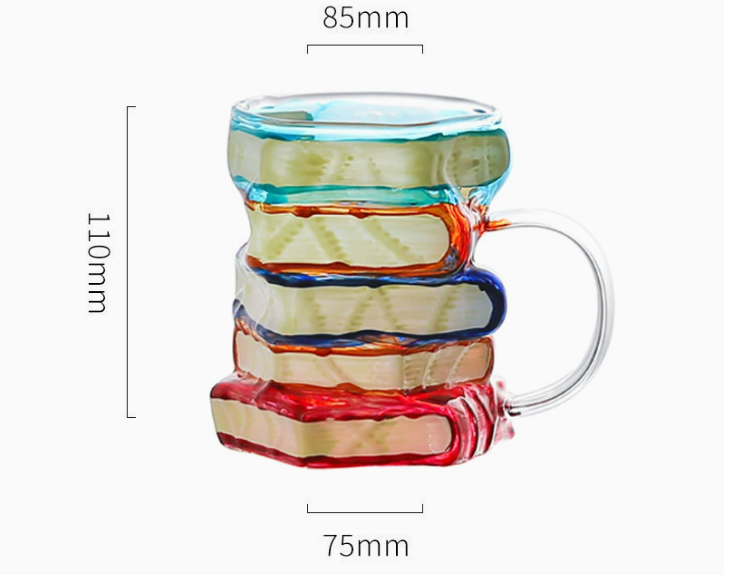 Tazza alta a forma di libro in vetro borosilicato, design dipinto a mano