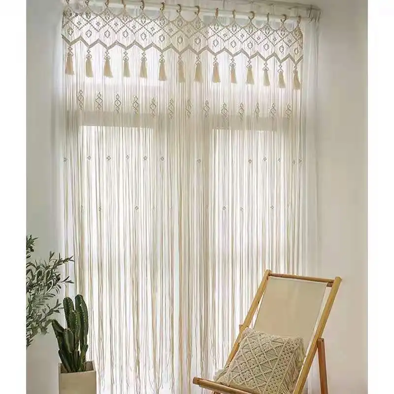 Cortina feita à mão macrame para decoração, cortina boho artesanal para sala de estar cozinha e janelas para casamento YH-108