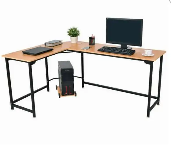 Mesa de metal dobro em forma de l, estação de trabalho para jogos de escritório e computador, estação de madeira para 2 pessoas