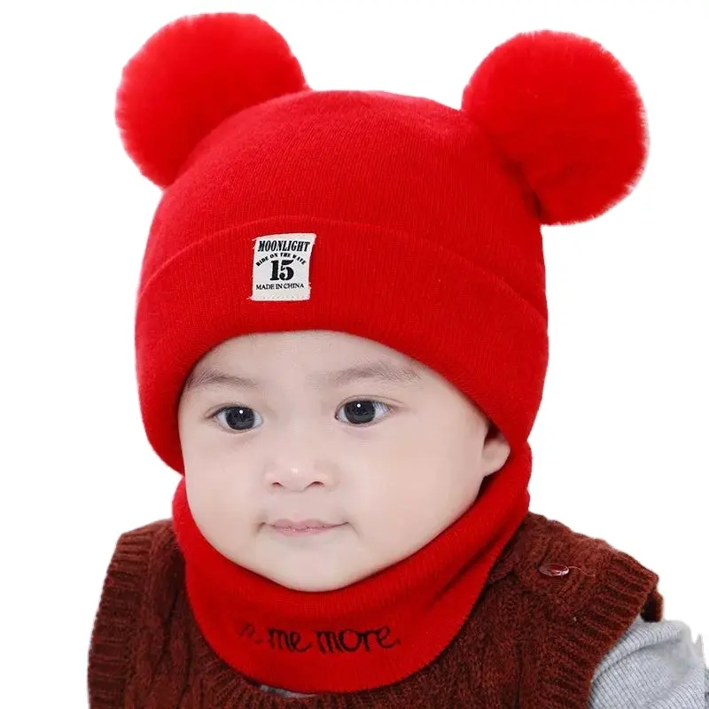 Winter Children Kids Black Pompom Kids Baby Knitted Beanie Hat Scarf Set With Pompom