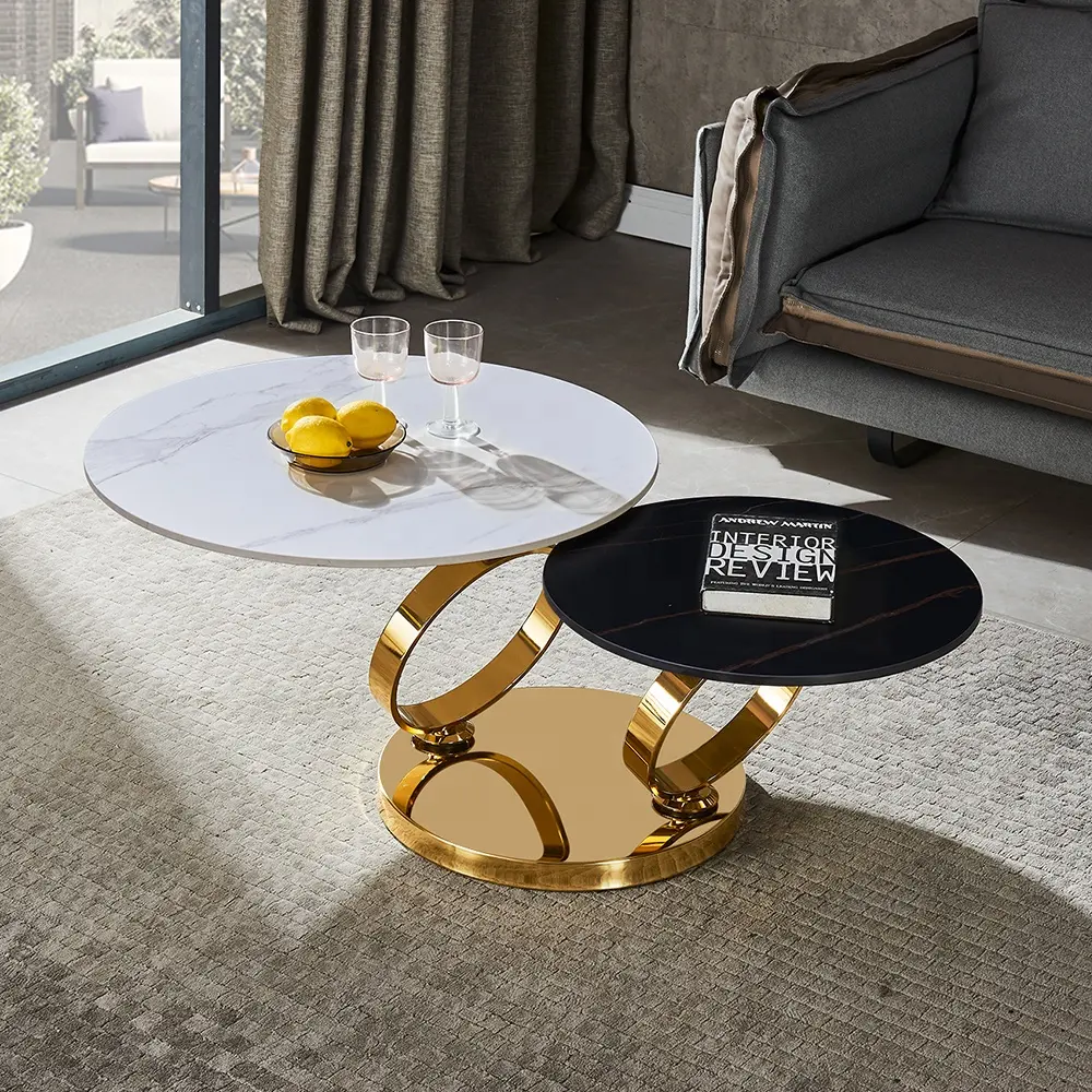 Luxus italienischer klappbarer Tee tisch Sinter stein runder Golen verspiegelter Metall Edelstahl Smart Living Room Center Couch tisch