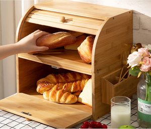 Modern tasarım tezgah çift katmanlı rulo üst ekmek kutusu mutfak gıda depolama için Sierware sepeti bambu ekmek kutusu ile - Product Image 4