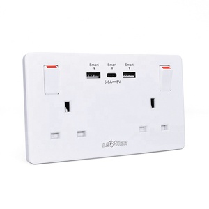 墙壁插座双开关，带2USB和1 C型快速充电13安培2组白色电插座 - Product Image 1