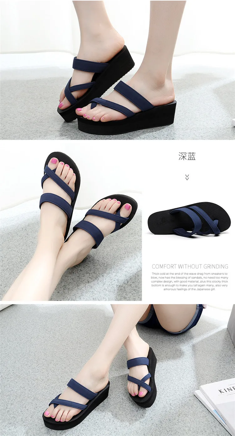 2021 Female Slippers Non-Slip Casual Flip-Flops High-Heeled Wedges Slippers Beach Platform Sandals