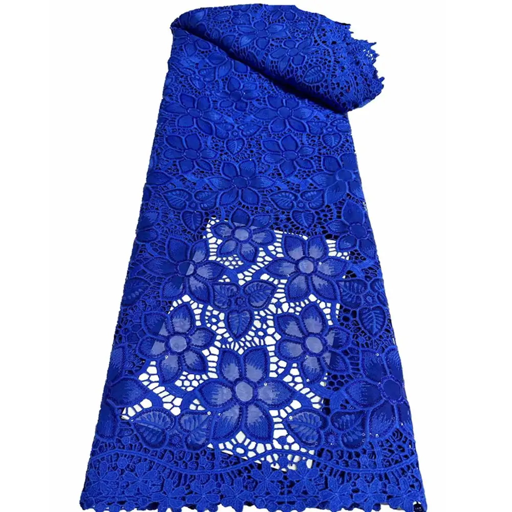 2024 Королевская Синяя французская вышивка полая Водорастворимая Вышивка шифоновая кружевная ткань африканский гипюр шнур кружева для свадебного платья