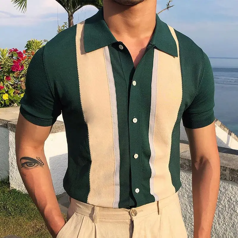 POLO informal de manga corta para hombre, Camisa ajustada de seda de hielo con solapa británica de Color contrastante, ropa de verano, 2022