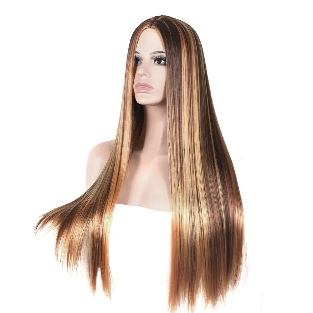 Peluca de cabello liso con encaje Frontal, pelo sintético, color dorado claro, 370