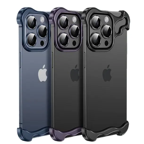 สําหรับApple iPhone 15 14 13 Pro Maxเคสโทรศัพท์สไตล์หรูหรารูปพิเศษFramelessโลหะมุมPadกันกระแทกฝาครอบป้องกัน