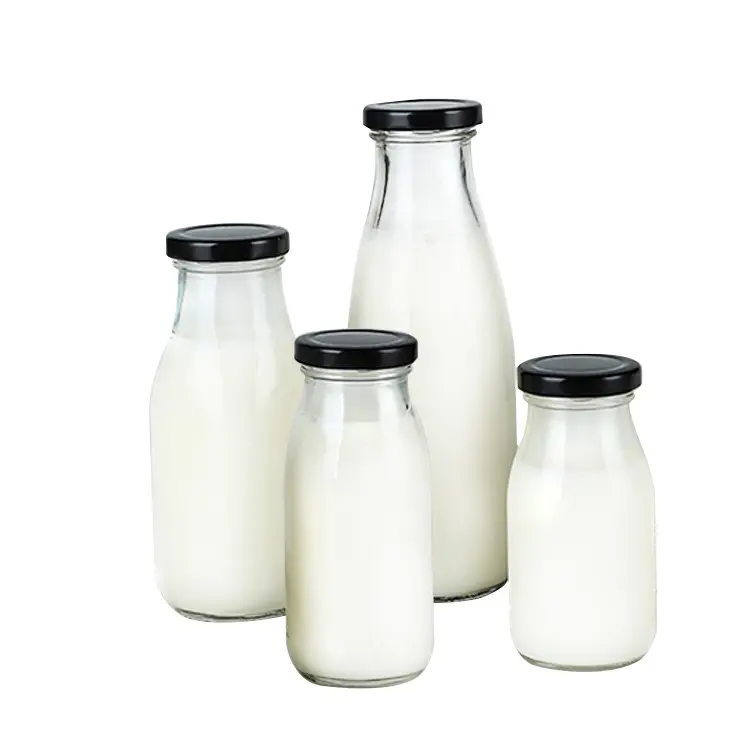 Wholesale sale transparent glass milk bottles of various sizes 100ml 200ml 250ml 500ml 1L