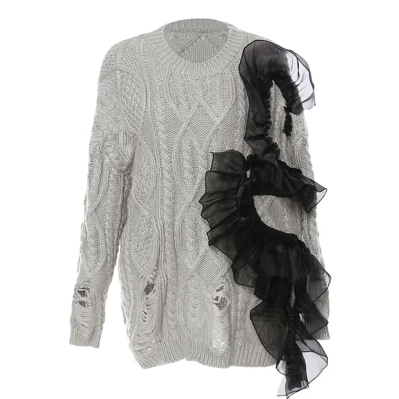 OUDINA-suéter de lana de punto para mujer, suéter informal asimétrico con personalidad de Color contrastante cálido para invierno