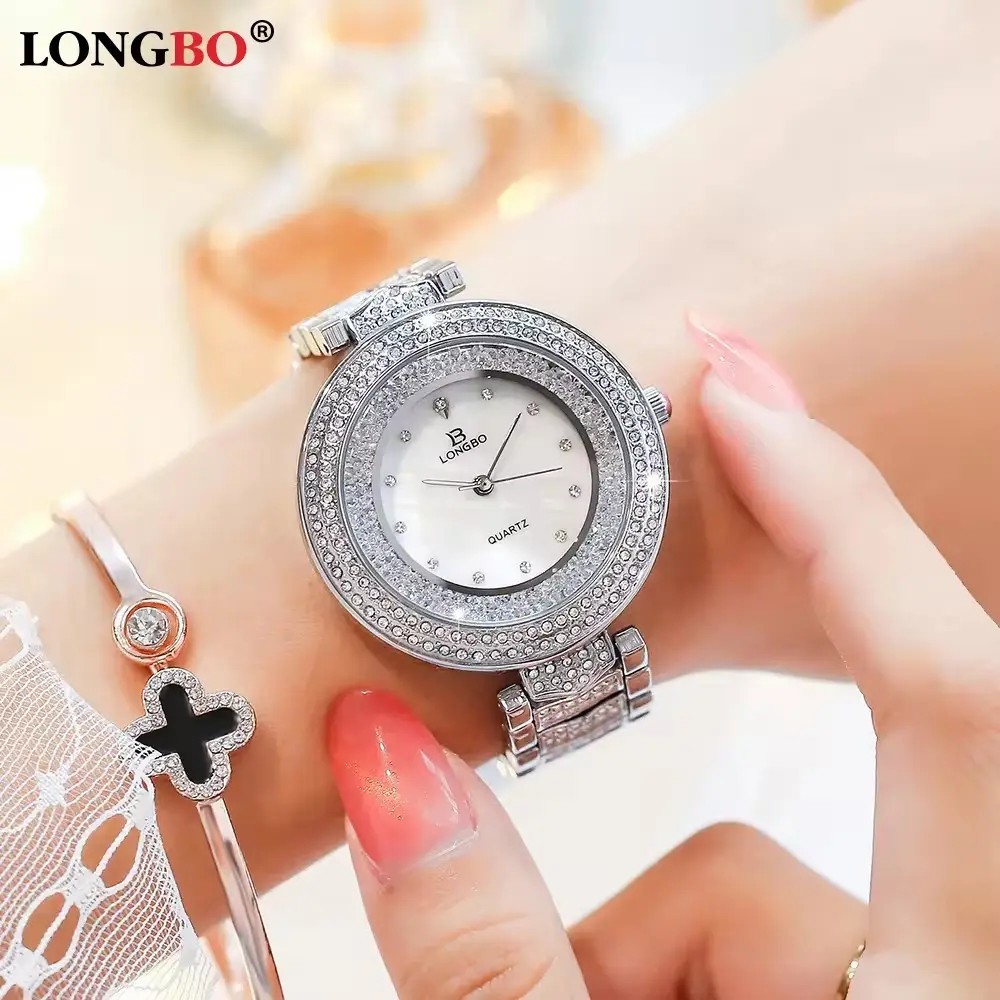LONGBO 80677 espejo de cristal joyería hebilla diamante completo diseño de moda tres manos mujeres reloj de lujo Japón cuarzo relojes de pulsera