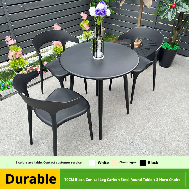 70cm black cone-foot carbon steel round table & 3 horn chairs