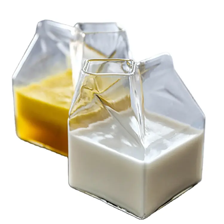 Caja de cartón de leche de vidrio reutilizable, transparente, con forma de cartón, cuadrada, duradera, Mini jarra de leche de vidrio, botellas de leche para café y zumo, 12 Oz