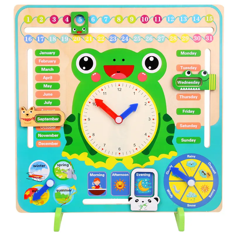 Conjunto de relógio de calendário em madeira, brinquedo de desenho animado cognitivo de madeira para crianças
