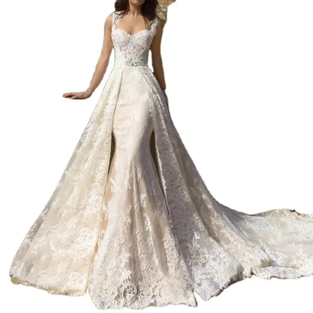 AL1595 personalizado 2023 vestidos de noiva brancos para as mulheres vestidos senhora elegante marfim casamento sexy 2 em 1 vestido de noiva sereia laço