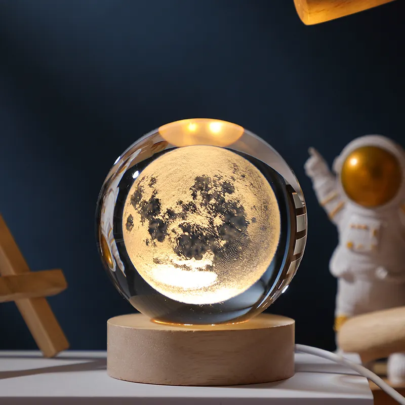 60mm Glass Solar System Planet Sphere 3D Laser Engraved Galaxy Crystal Ball with Wood LED Light Night LampPopular