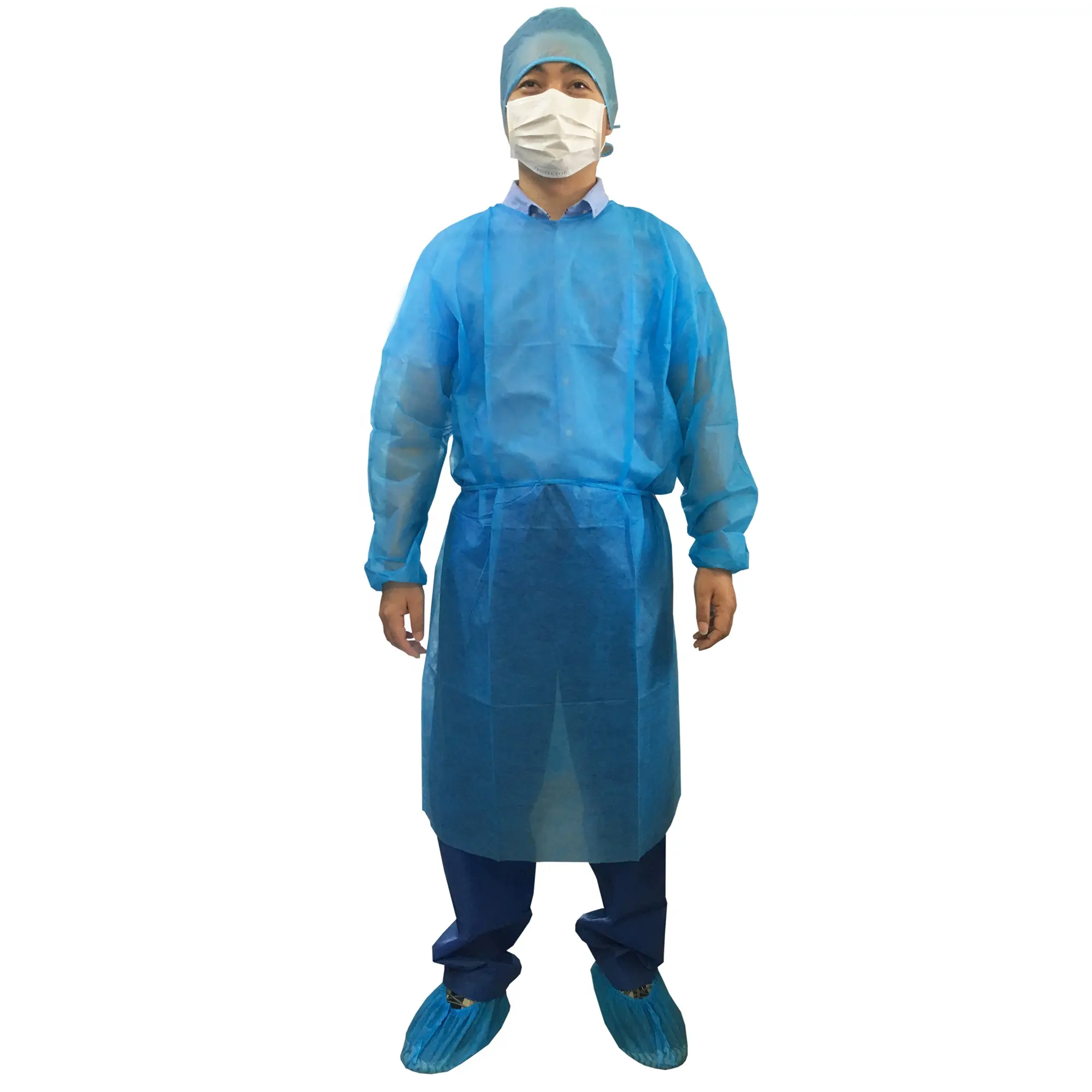 Vestido de isolamento não tecido químico PP descartável para sala limpa de manga longa, uniforme hospitalar em promoção