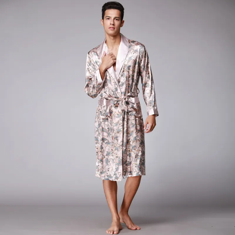 Bata de baño de satén de seda para hombre, ropa de dormir larga y sólida, Kimono, bata de casa, lencería, OEM/ODM