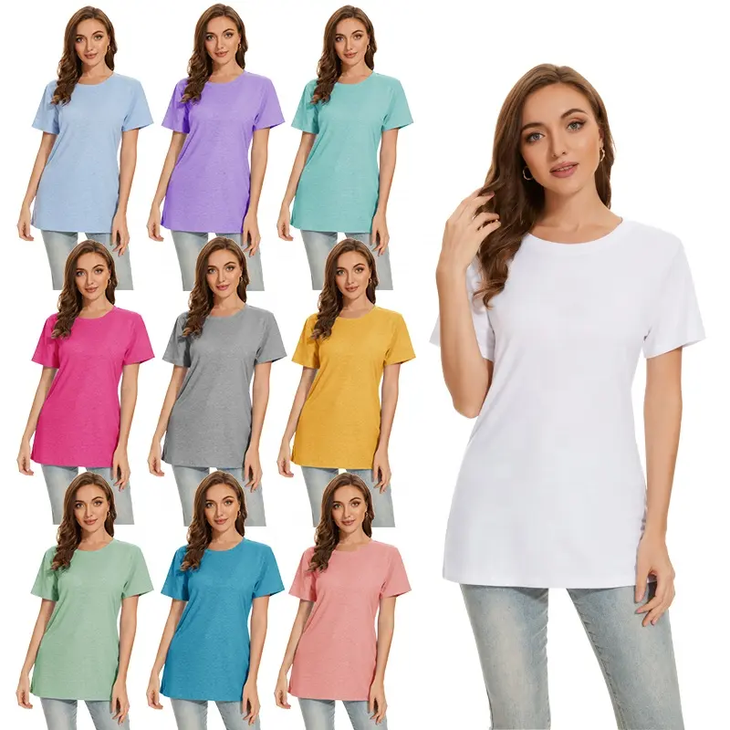 Venta al por mayor de camisetas de cuello redondo para las mujeres Top cómodo casual Camisa de manga corta personalizado impreso color liso camisetas de las mujeres