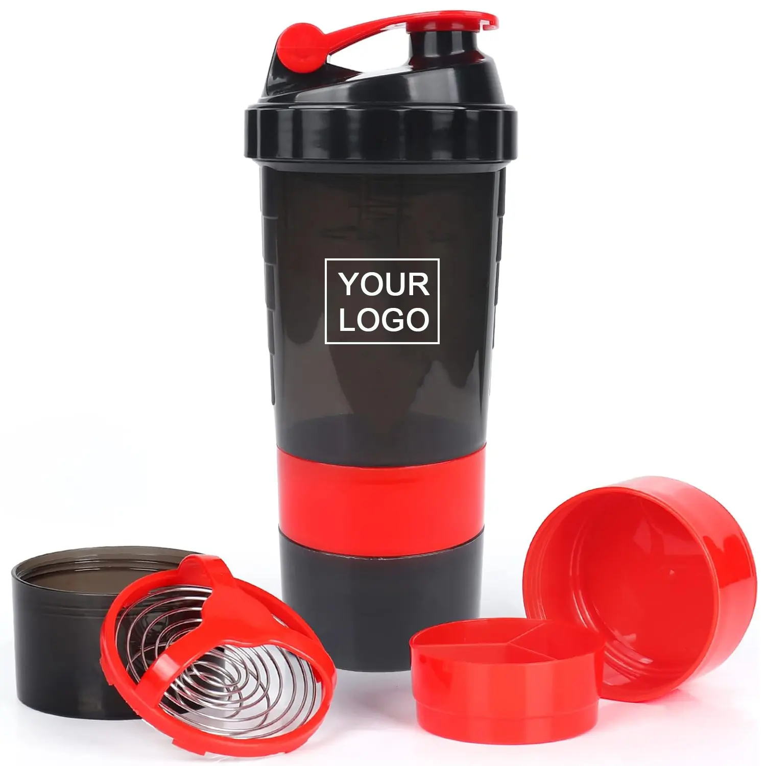 Garrafa de água para academia esportiva Bpa Free 500ml preto com logotipo personalizado, agitador de proteínas de plástico de três camadas para academia fitness, garrafa de água com marcador de carrapatos