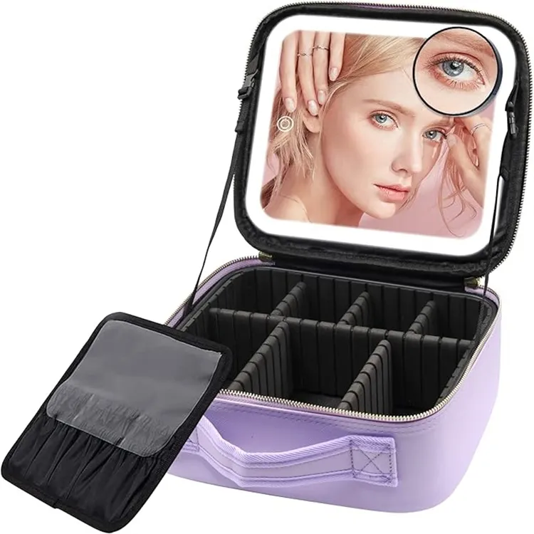 Nuovo design divisorio borsa per il trucco Organizer portatile custodia cosmetica con specchio luminoso