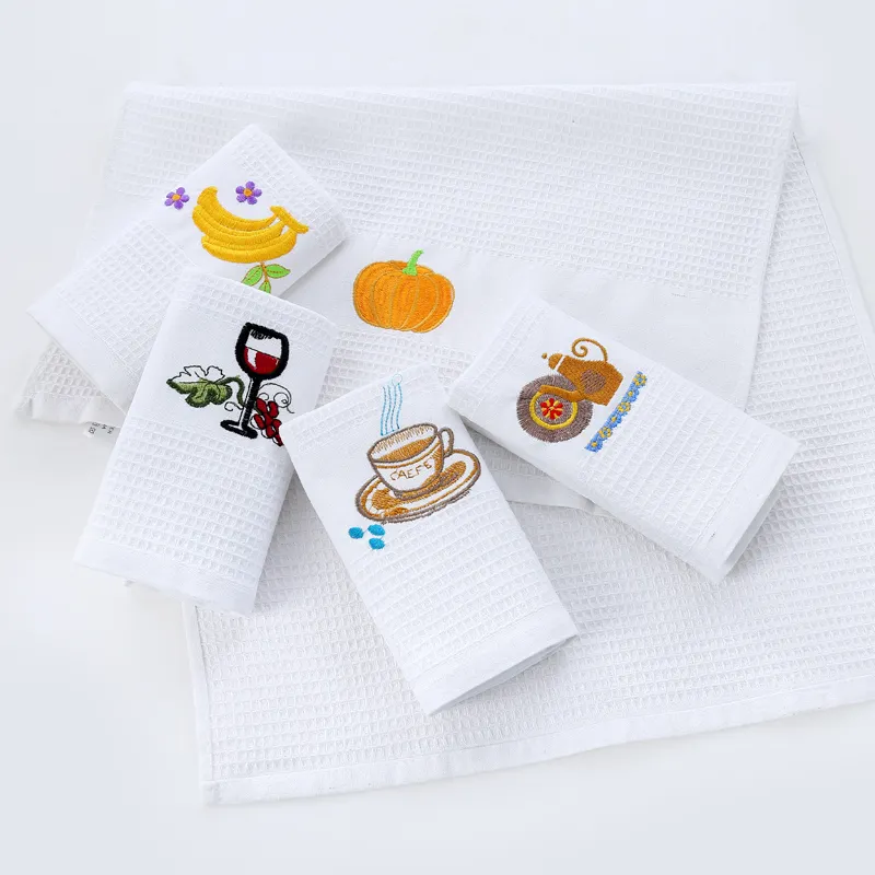 Classic cotton white Kitchen Dish Towels Super Absorbent embroidered cotton waffle Dishcloth for Kitchen