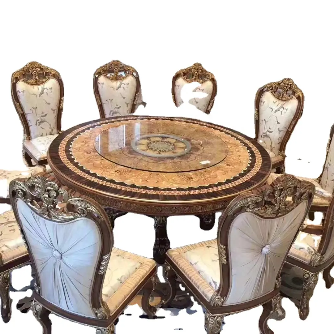 Mesa de comedor maciza de madera antigua marrón europeo de alto brillo y juego de 6 sillas oferta al por mayor