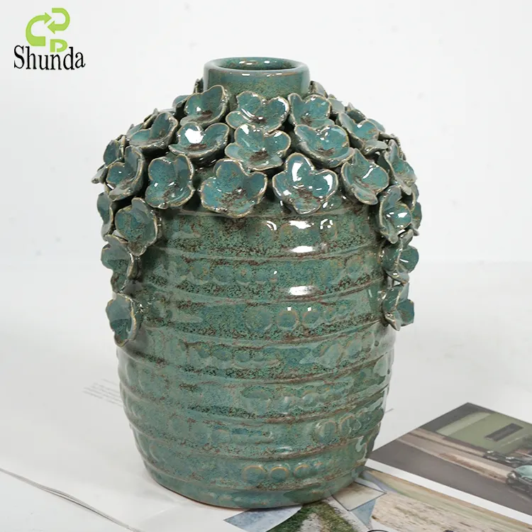 Custom retro vintage light green copper glazed luxury modern table porcelain ceramics vases home decor vase for flowers