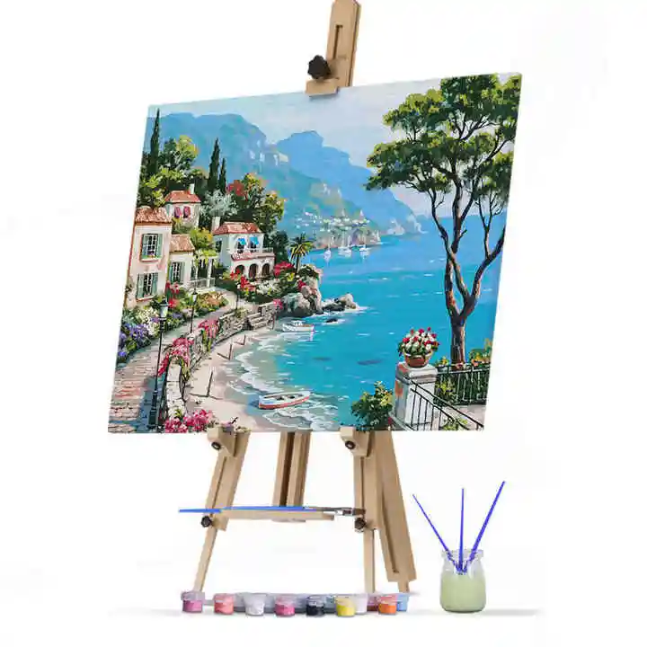 Popular Artesanato Seaside House Paisagem Cenário Pintado à mão DIY Pintura por números Set for Kids