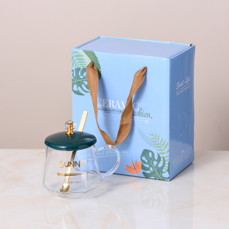 Taza de cristal diamante con asa, caja de regalo - verde oscuro